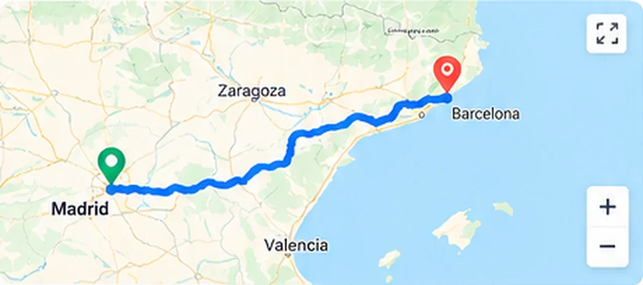 Ejemplo visual de una ruta por carretera entre Madrid y Barcelona, no corresponde al cálculo actual