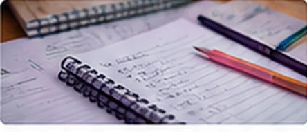 Cuaderno de espiral con apuntes y bolígrafos